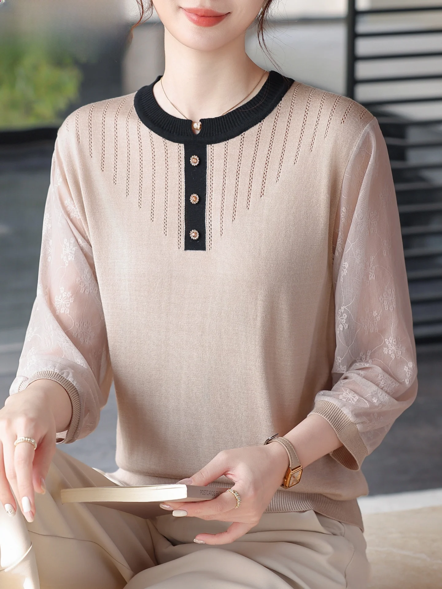 

Вязаный свитер Ele: Весенняя мода для женщин среднего возраста, элегантный топ-футболка из качественного полиэстера, повседневная одежда