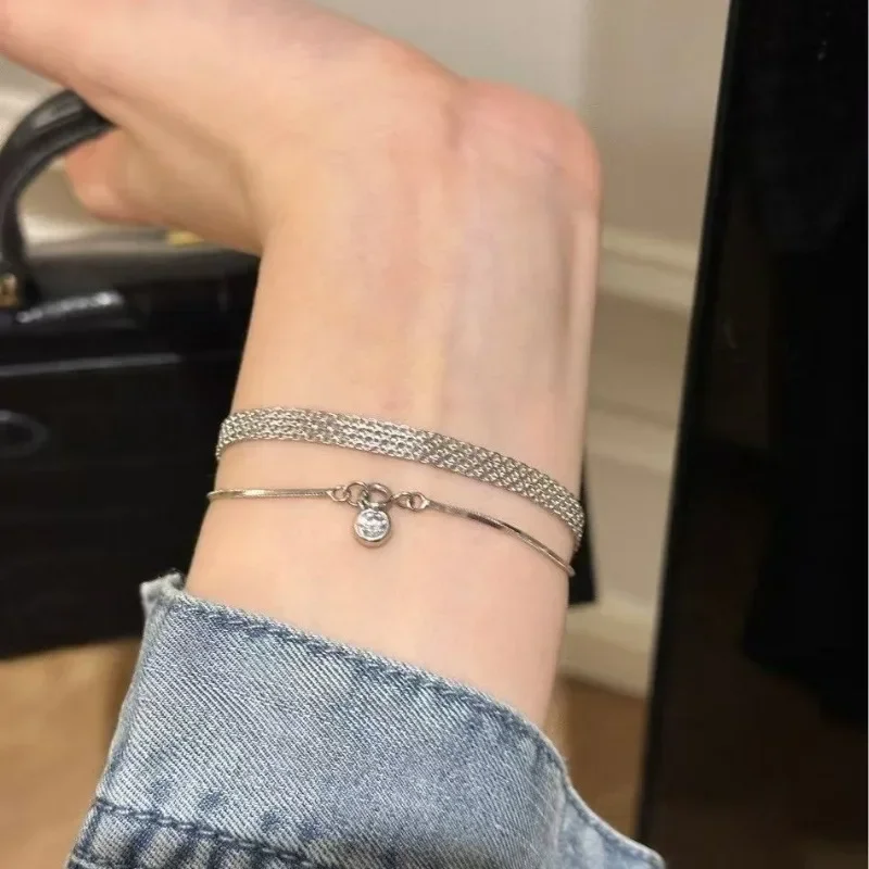 

Light luxury trend hollow out chain bracelet for women silver 925 high-end two-color wide shiny fashion bangles layered jewelry