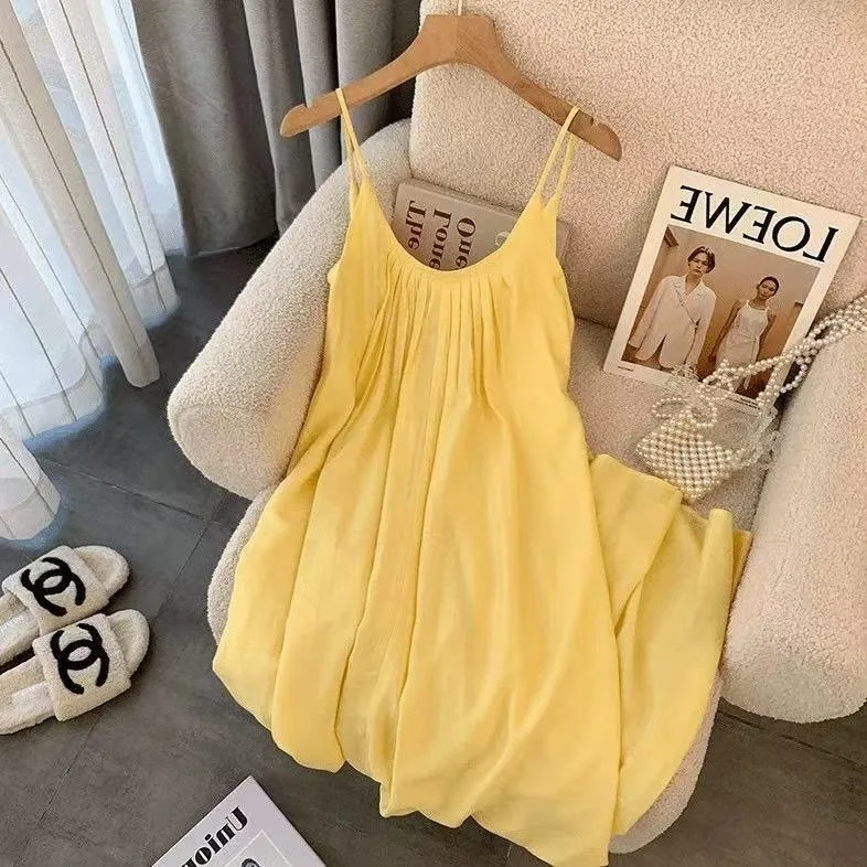 Gelbes Maxikleid mit Spaghettiträgern für Damen, Lässiges Ärmelloses Sommerkleid, A-Linien-Trägerkleid für Strandurlaub