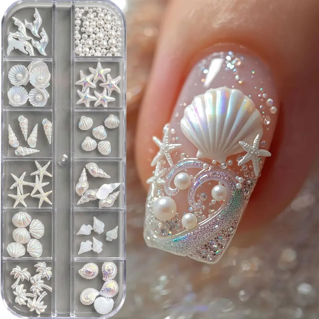 12Grid 3D Aurora White Starfish Seashell Conch Nail Charms Cute Pearls/Fish Tail/ Coconut Tree Nail Rhinestone Resin Beach Nails