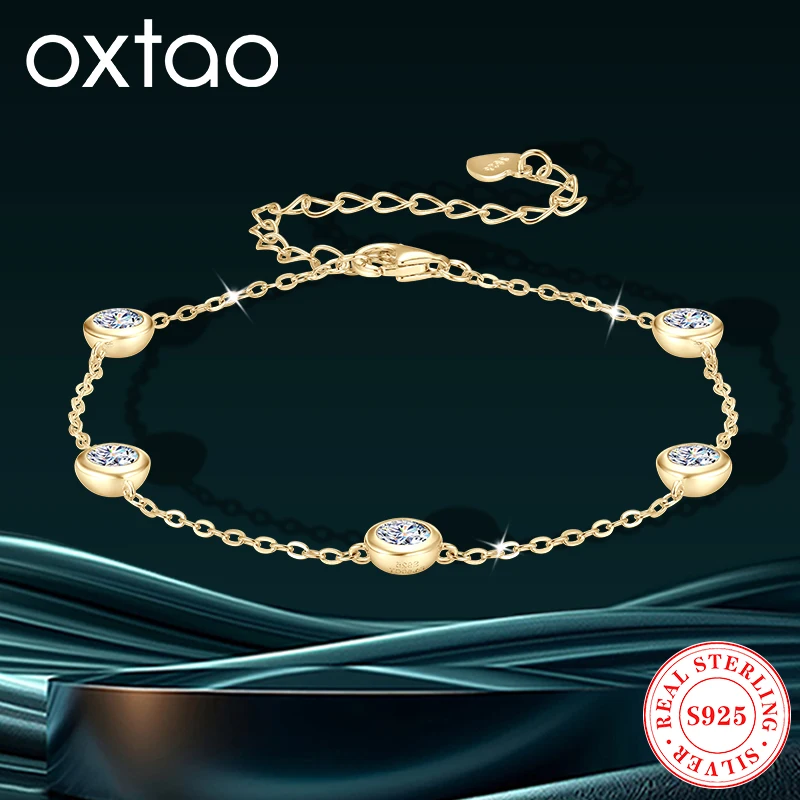 

OXTAO тонкие браслеты-цепочки для женщин, сертифицированный браслет из муассанита с пятью камнями, покрытый белым золотом 18 карат, ювелирные изделия из стерлингового серебра 925 пробы