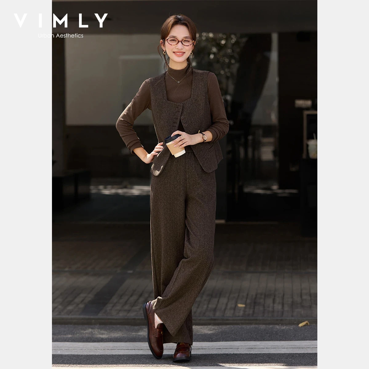 

VIMLY Elegant 3-Piece Suit for Women 2025 Autumn High-Neck Top & Square Collar Vest & Wide-Leg Trousers Commuter Sets A3079