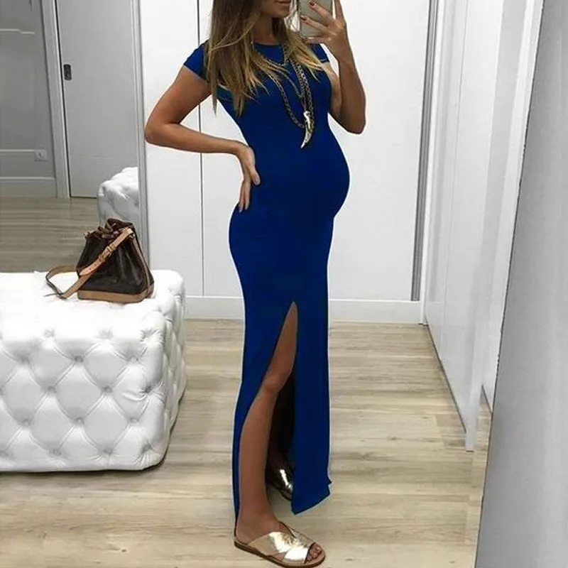 2023 Summer Maternity Dresses Solid Short Sleeve Bodycorn Maxi Dress Pregnant Women Side Slit Baby Shower Gowns Premama Clothing