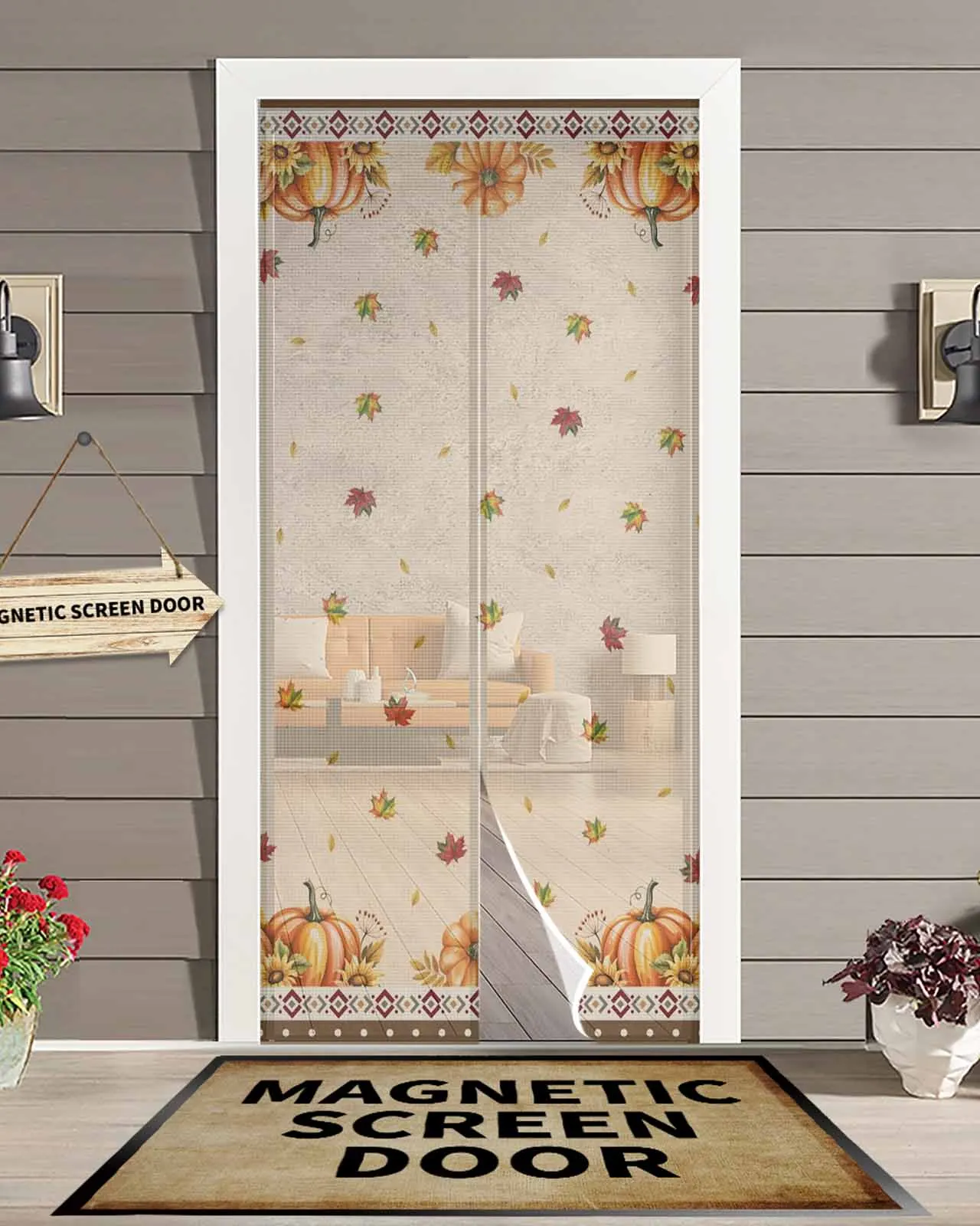 

Ethnic Border Orange Pumpkin Leaf Magnetic Door Curtain Living Room Bedroom Home Anti-mosquito Screen Door Curtain