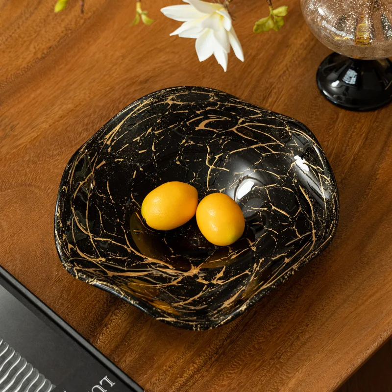 HYS high-end Italian light luxury glass fruit plate black gold dining table tea table snack fruit basket soft decoration