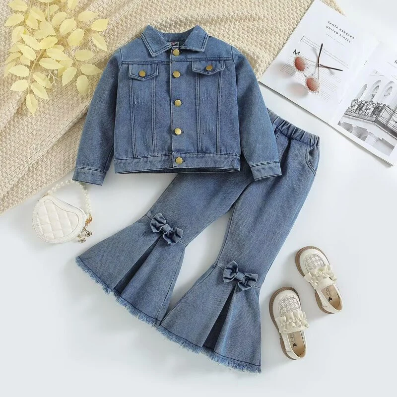 Kids girls Denim clothes Suits European American 2024 Long Sleeved short Jacket+wide Leg Jeans 2pcs children girl set outfit