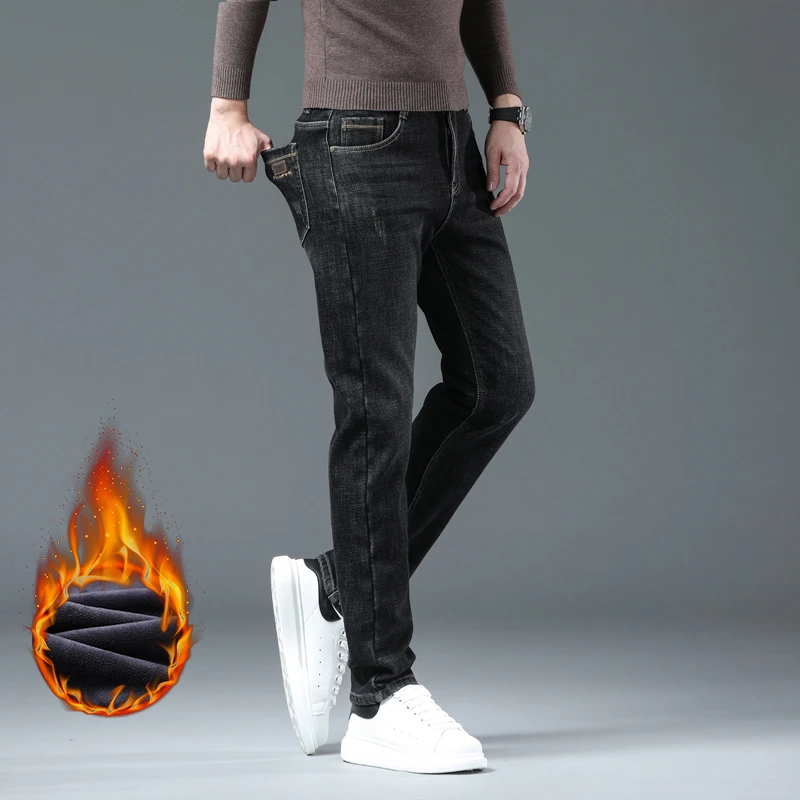 New Winter Men Fleece Warm Jeans Classic Style Business Casual Thicken Velvet Slim Denim Pants Brand Trousers Male Size 28-42