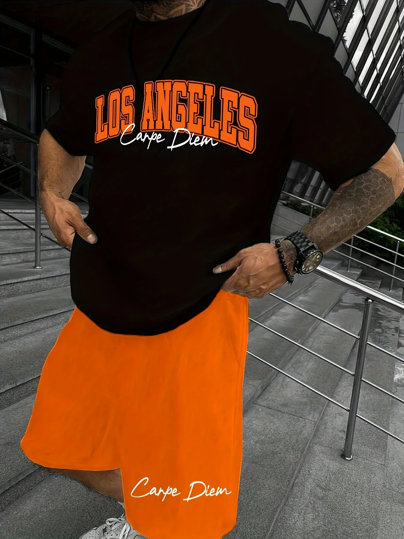 Men's Summer Trendy, Casual and Fashionable Color-Blocking Short-Sleeve T-Shirt and Shorts Set with Los Angeles Letter Prints