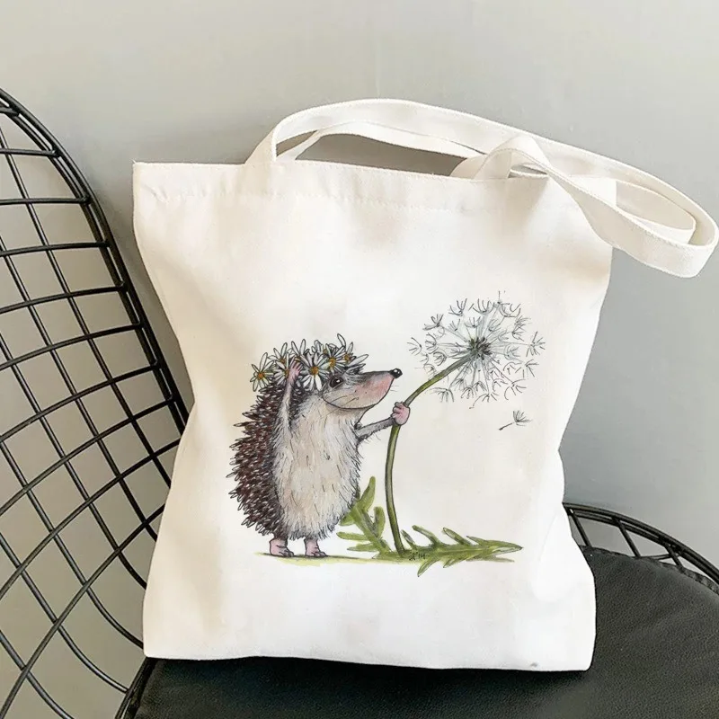 Cute Hedgehog Pattern Canvas Tote Bag With Adorable Heart Mushroom Balloon DesignsStylish Versatile Shoulder Bag For Daily Use