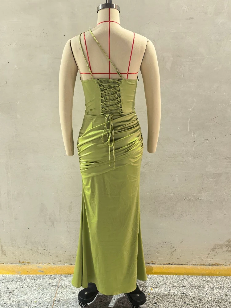 Chaxiaoa Satin One Shoulder Sexy Maxi Dress Women Elegant Diagonal Collar Cutout Ruched Bodycon Mermaid Long Evening Party Gown view 6