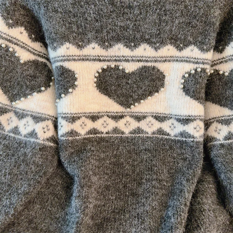 Red Christmas New Year Round Neck Sweater Woman With Love Beading Autumn Winter Soft Thicken Knitted Top Clothes