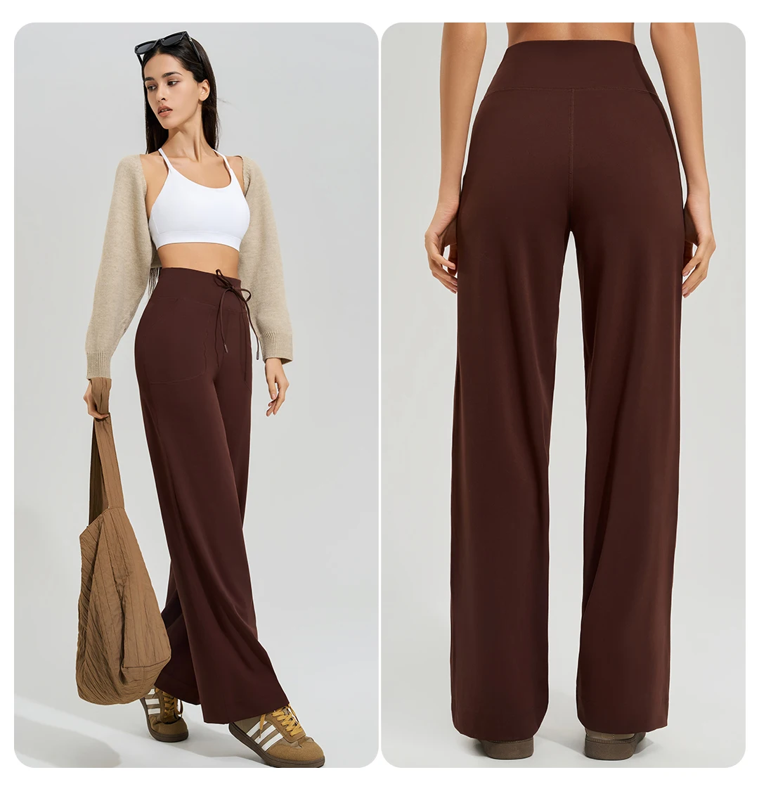Damen-Yogahose mit hoher Taille, für Fitnessstudio, lockere Lauf-Yogahose, doppelseitig gebürstet, mit Taschen, Hosen, Krawatten – Detail 16