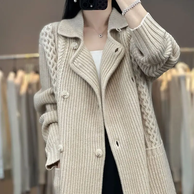 Fashion Solid Color Midi Knitted Cardigan Korean Lapel Women\'s Clothing Pockets Spliced Autumn Winter Drawstring Sashes Sweaters