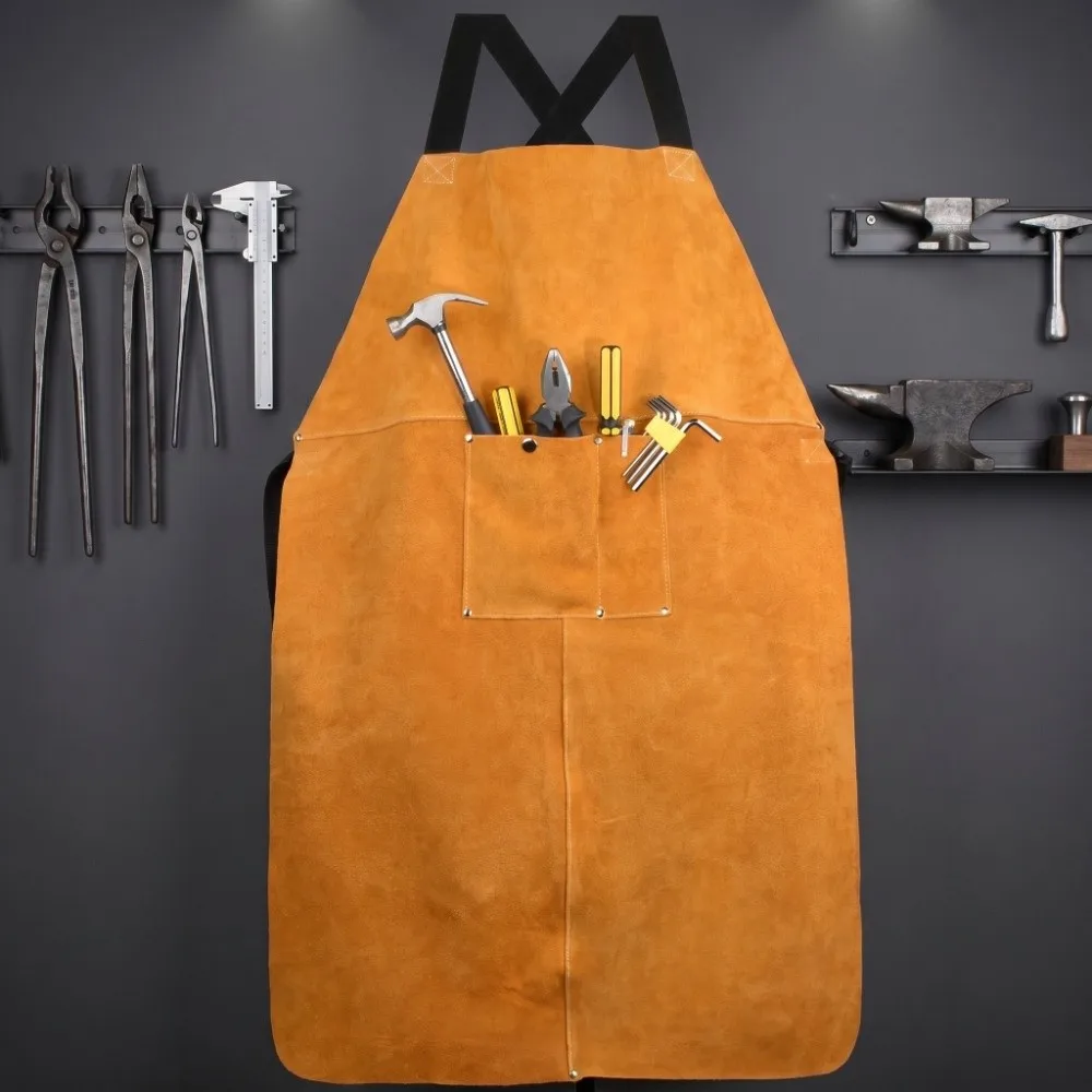 Orange Thick Cowhide Welding Apron Cowhide 90cm*60cm Pocket Design Welding Gear Wearproof Anti-scald Electrician Workwear