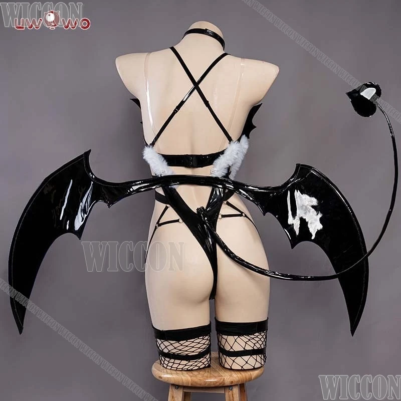 Ganyu Succubus Cosplay Kostüm Spiel Genshin Impact Sexy Schwarz Overall Flügel Horn Blau Lockige Perücke Halloween Frauen Cos Angepasst