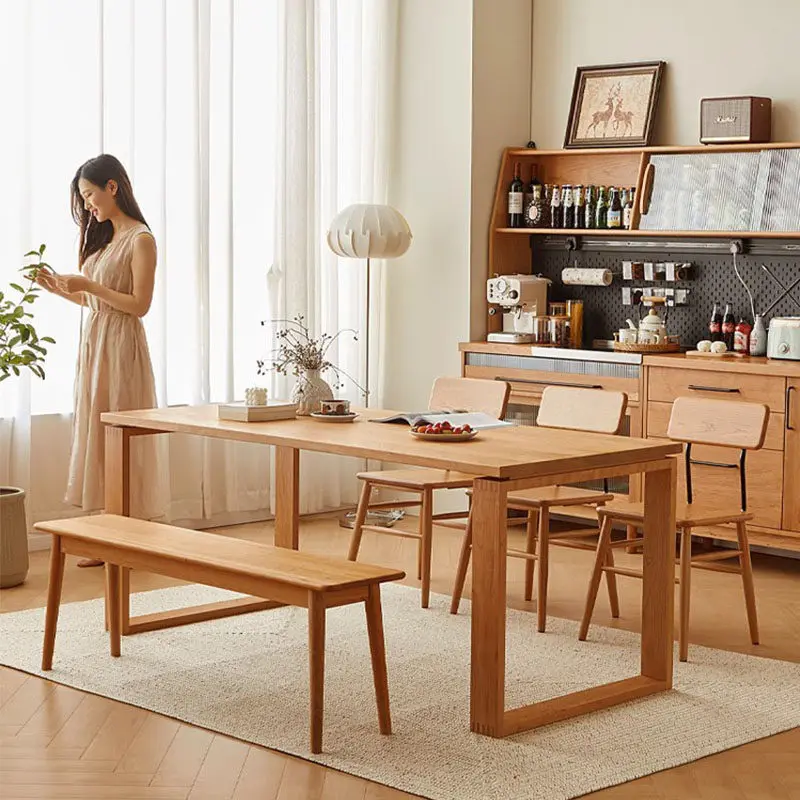 Nordic all solid wood dining table and chair combination cherry wood long table stool large board table household log workbench
