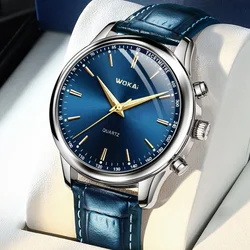 Montre-bracelet en cuir à quartz bleu pour homme, horloge décontractée, élégante, à la mode, cadeau