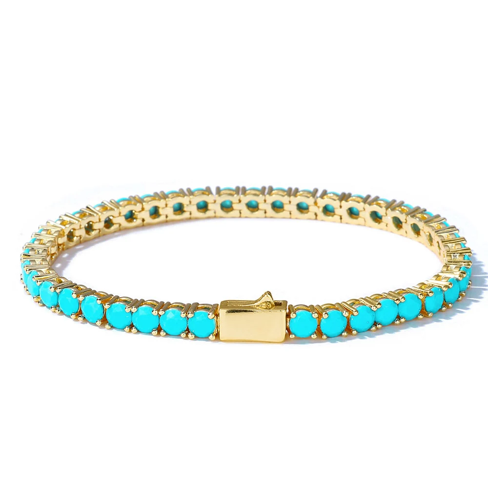 New 4MM Tennis Bracelet with Gold Plated Brass and High Grade Turquoise Suitable for Both Men and Women as a Holiday Gift