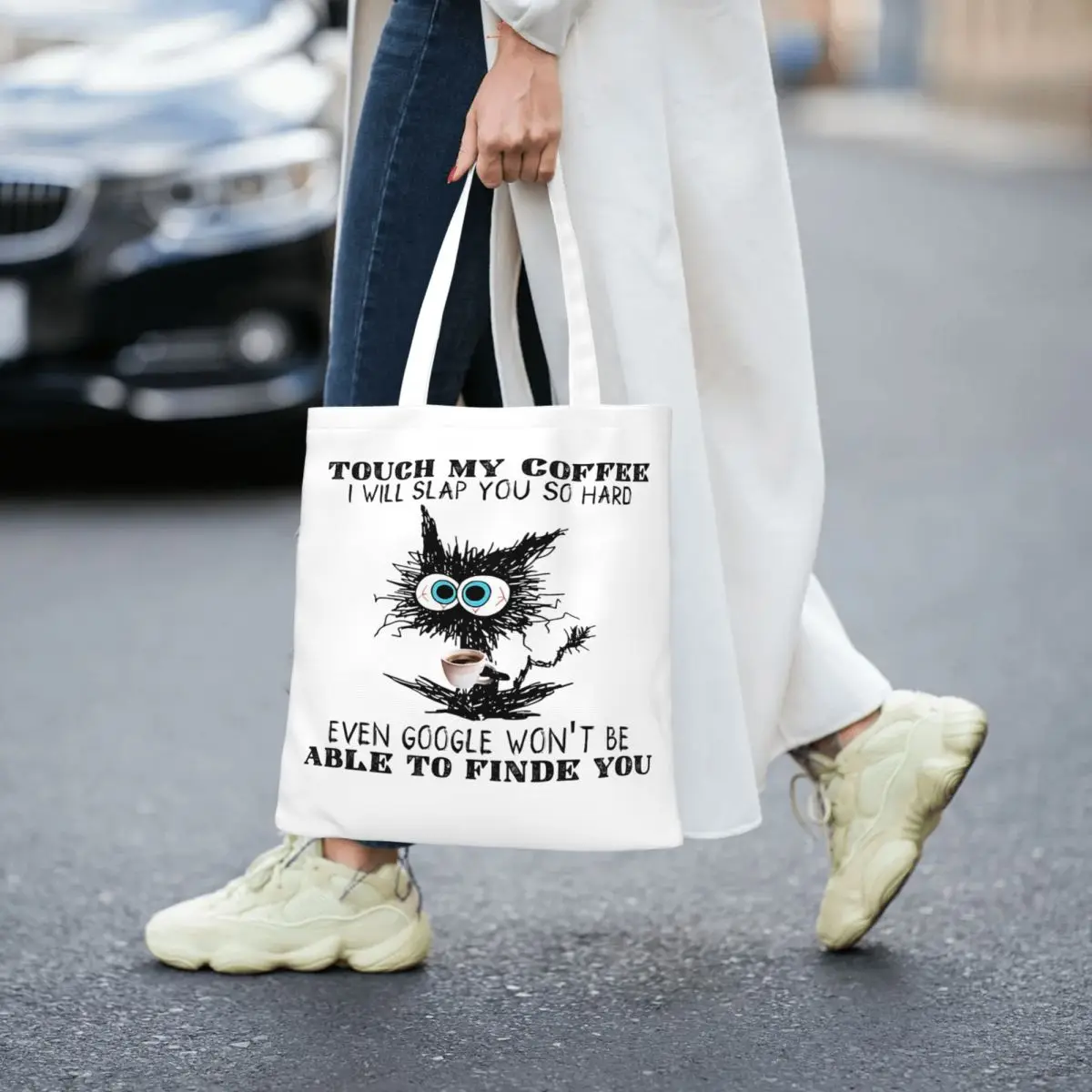 مضحك القط تلمس قهوتي سأقعك الصلب جدًا حمل الحقائب حقيبة يد قابلة للطي مضحك القط ميمي حقيبة كتف حقيبة تسوق مطبوعة