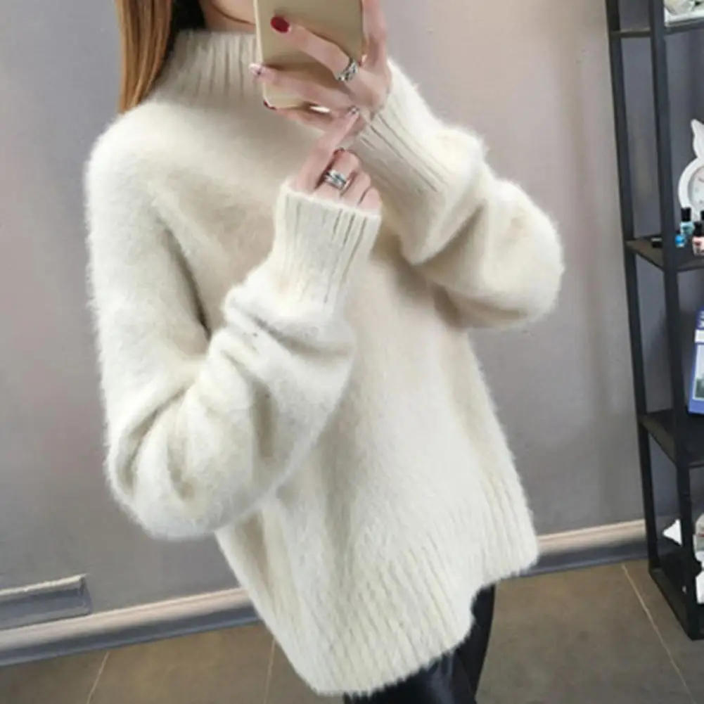 

Women Sweater Solid Color Knitting Tops Cozy Women's Knitwear Collection Half High Collar Sweater Ribbed Trim Knit for Winter