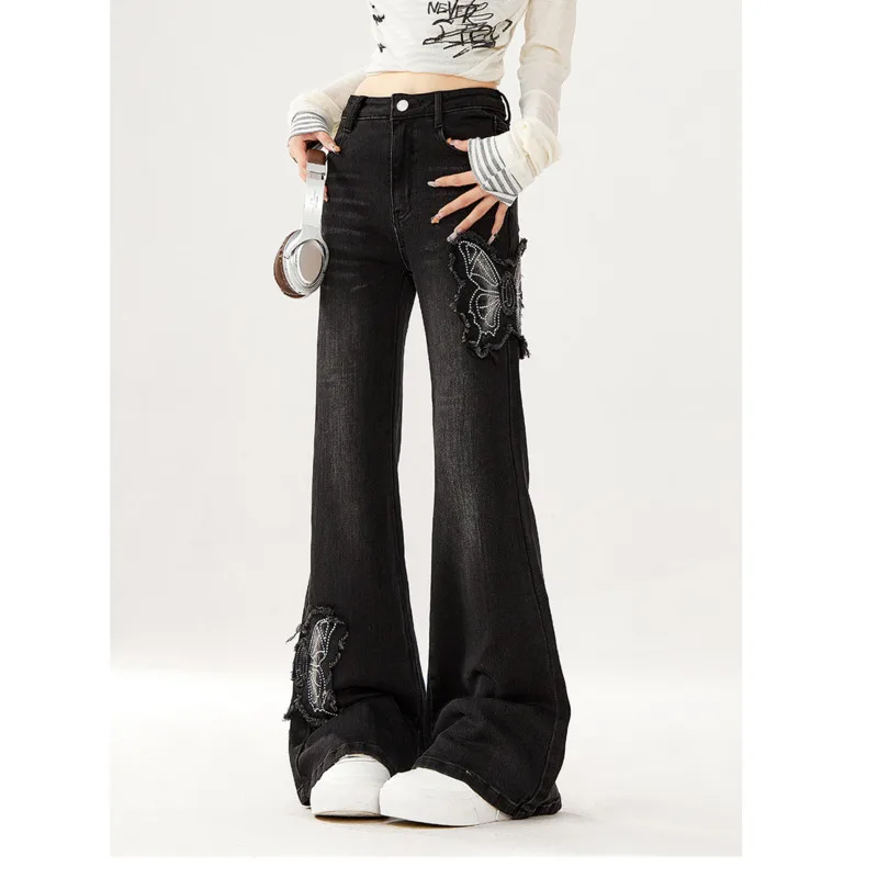 ANJY Spring Autumn New Women Washed Distressed Niche Heavy Butterfly Patch Bootcut Jeans Dark Ins High Street Denim Pants A20666