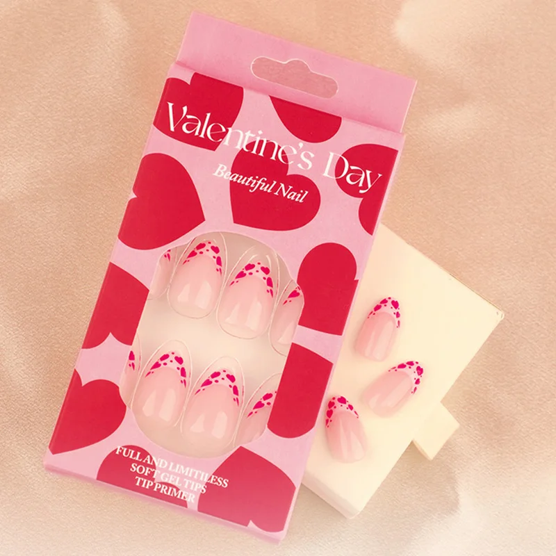 Pink Love Heart French Cute Nail Art Valentine Gift Fashion Fake Nails Detachable Finished False Nails Press on Nails with Glue