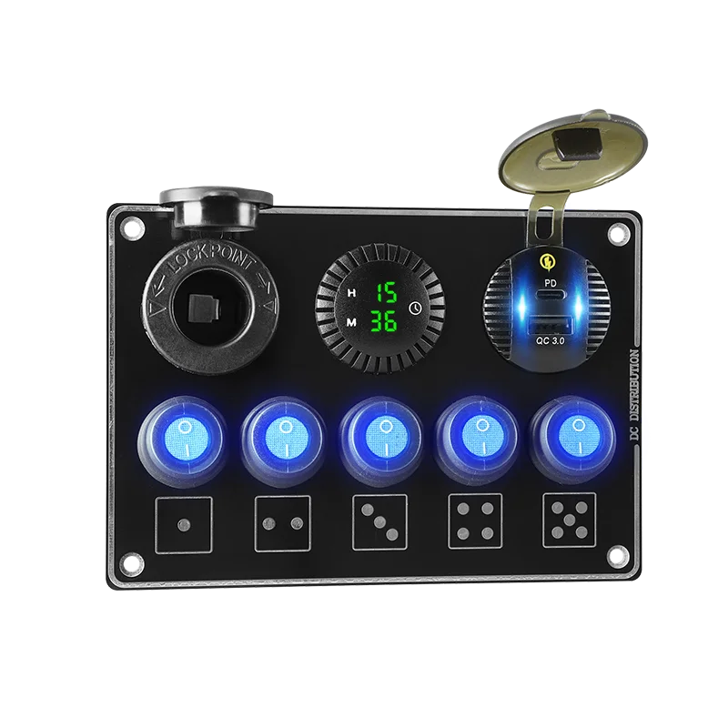 

12V 24V 5 Gang Rocker QC3.0 USB Car Charger Clock Automotive RV Marine Multiple Electrical Car Control Switch Panel