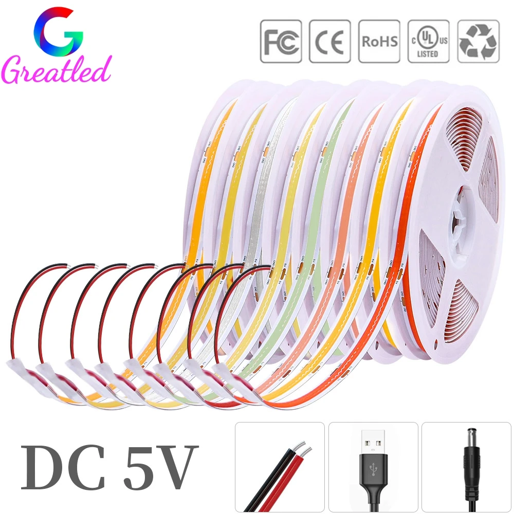 

COB LED Strip Light DC5V 320Leds/m 8MM High Density Linear Lighting Flexible Tape RA90 Warm Natural White Red Blue Green Pink