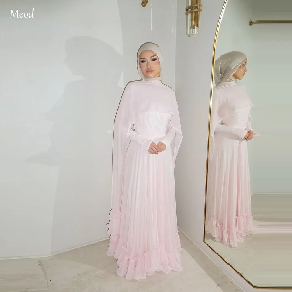 

MEOD Pink Chiffon A-line فستان سهره Formal Floor-length Evening Dresses Long Sleeve Ruffle Robes De Soirée Customized
