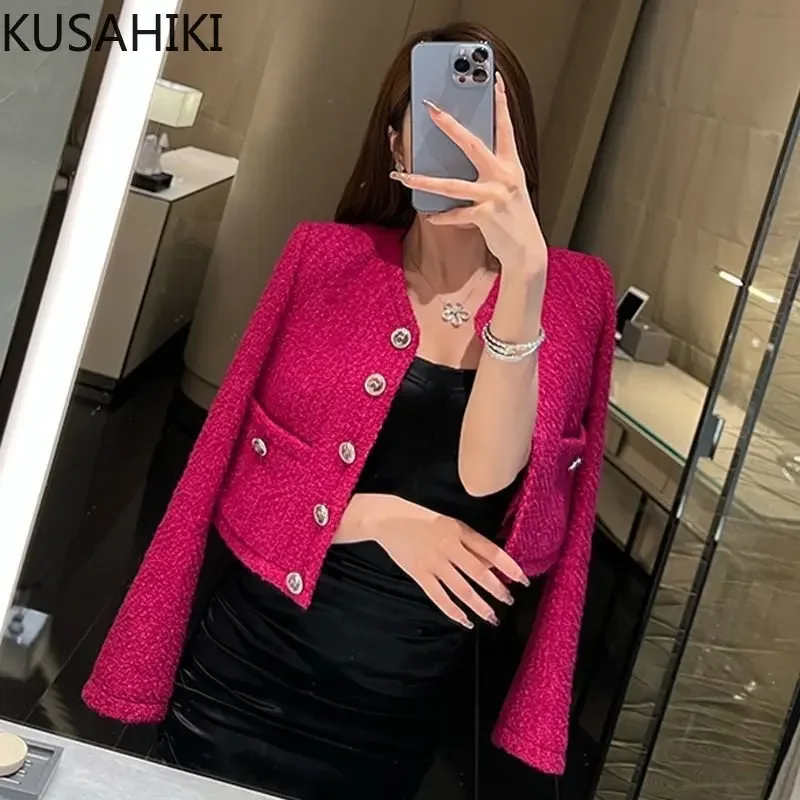 KUSAHIKI Tweed Autumn Single Breasted Weave Fashion Short Coat Women 2023 Elegant Jacket O-neck Long Sleeve Cardigan Tops