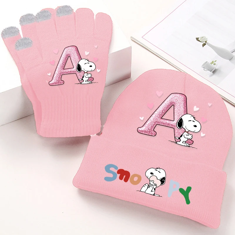 

Snoopy Gloves Knitted Hat Set Autumn/Winter Outdoor Windproof Hat Cartoon Letter A-Z Pattern Warm Hat Children's Birthday Gift