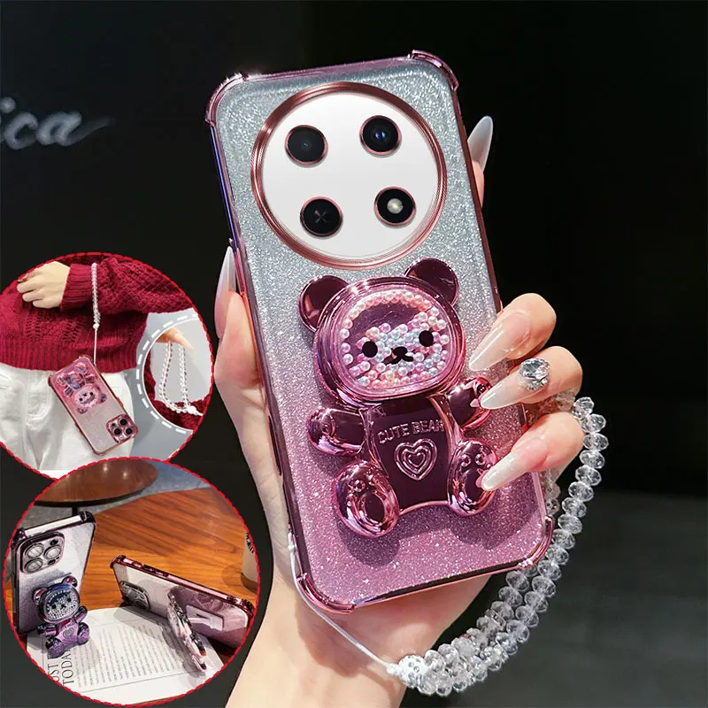 Stoßfeste Handyhülle mit 4 Ecken, niedlichem 3D-Bär-Ständer, Kristallketten-Lanyard, Glitzer, transparent, für Huawei Nova 12i, Rückseite