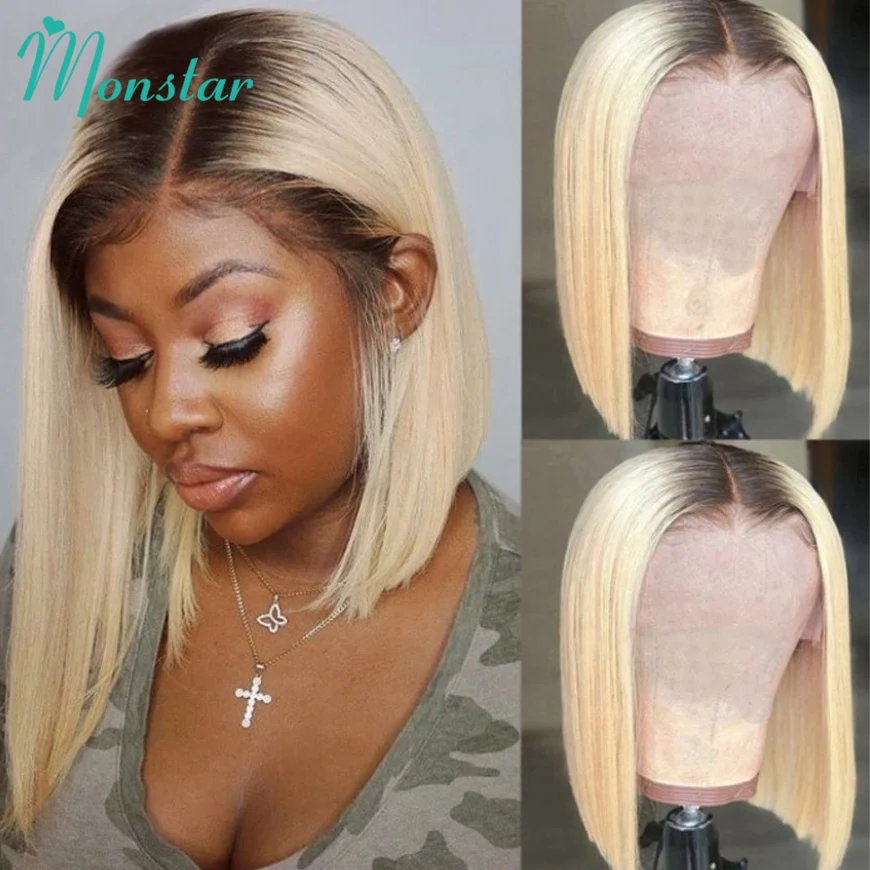 Monstar 613 Blonde Lace Front Wig 13x6 Bob Wig Malaysian Straight Remy 1B 613 Ombre Blonde Color 13x6 Lace Front Human Hair Wigs