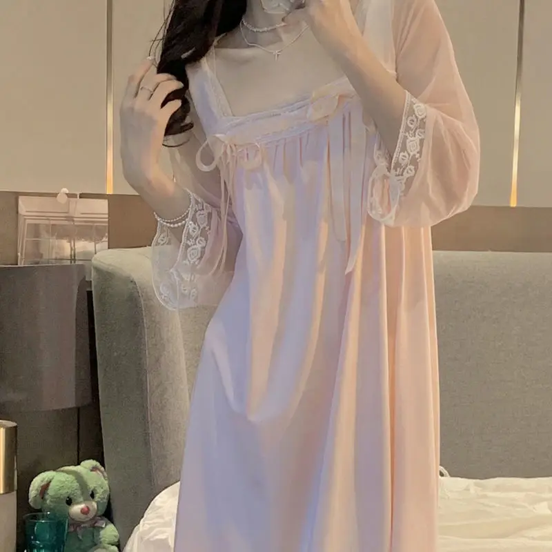 Summer Womens Vintage Dress Long Sleeve Sleepshirts Lace Lady Girls Nightgowns Nightdress Chinese Style Pajamas Sleepwear