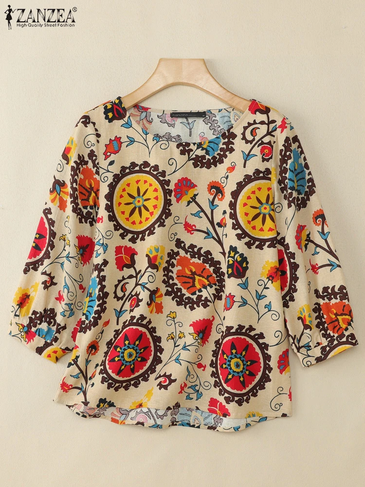 ZANZEA, blusa con estampado Floral de verano para mujer, camisas de manga 3/4 con cuello redondo, Túnica Vintage para vacaciones, Tops informales sueltos de algodón, Blusas Chemise