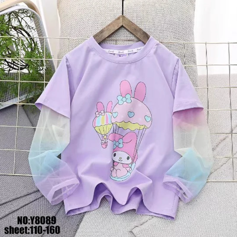 

2024 My Melody Girls T-Shirt Sanrio Kawaii Anime Rainbow Flexible Mesh Round Neck Short Sleeve Summer Sweet Cute Long Sleeve Toy