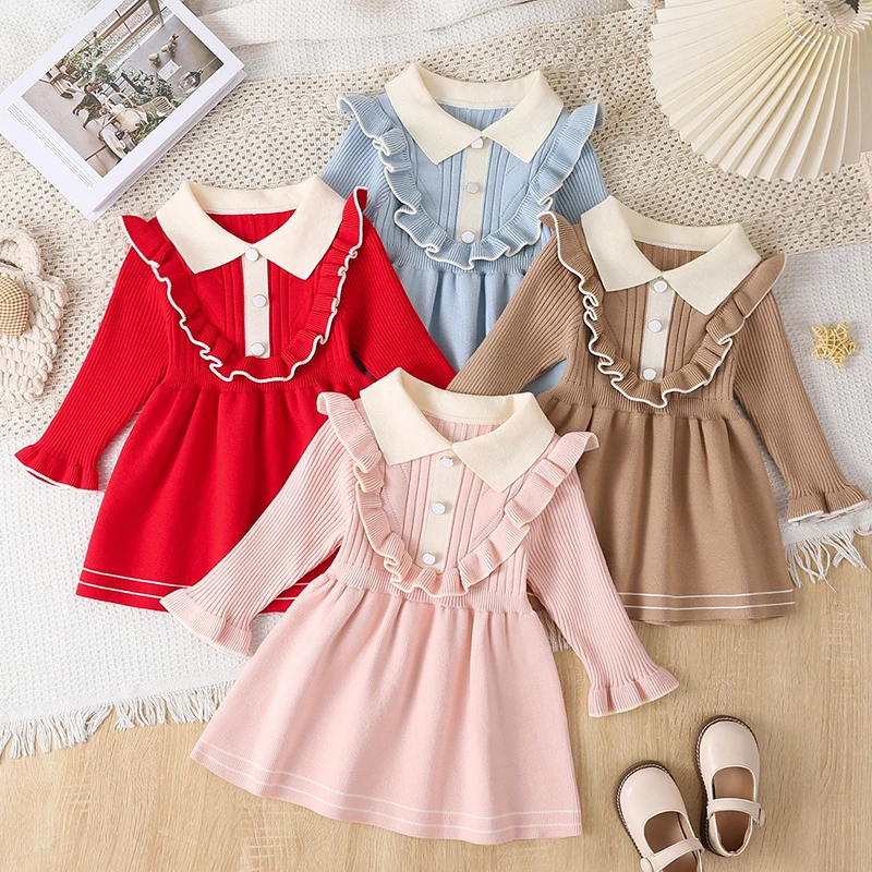2025 New Autumn 1-5Yrs Children Knitted Clothes Kids Princess Dresses Long Sleeves Knitting Baby Girl Birthday Party Dress