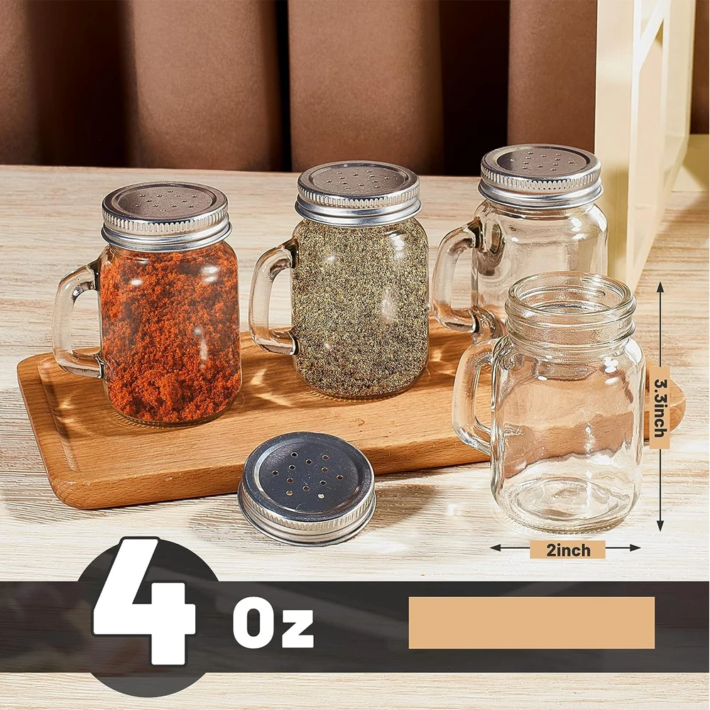 4OZ Glass Salt and Pepper Shakers Clear Mason Jar Mini Salt Shakers for Kitchen with Metal Lid and Handles for Kitchen Table