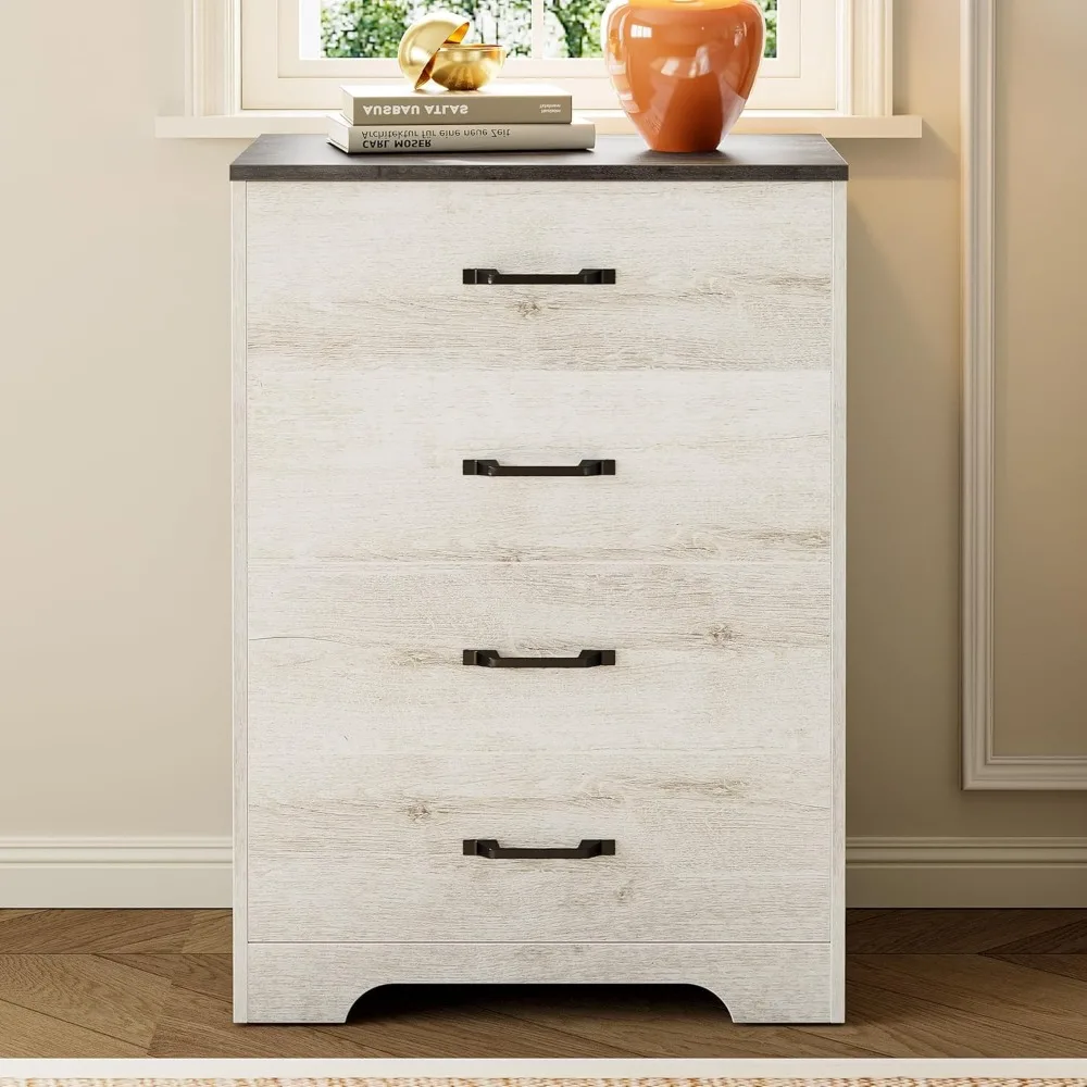 

34.2" Tall 4 Drawers Nightstand, Bedside Table with Storage Cabinet, Small Dresser Chest of Drawers, Rustic White, Bedroom