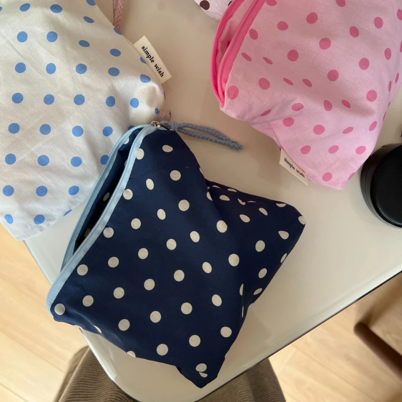 Korean Fashion Cotton Makeup Bag Women Girls Simple Dot Print Portable Zipper Toiletry Cosmetic Organizer Storage Bag Pouch