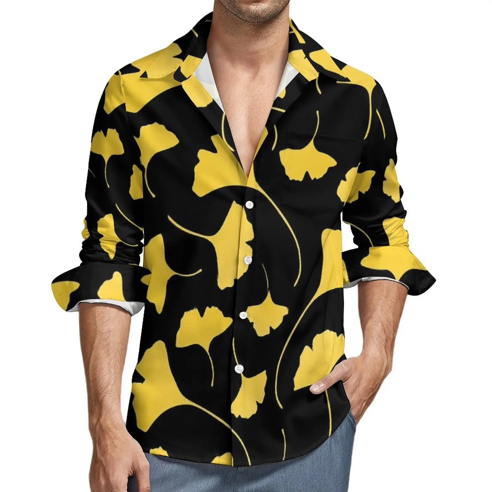 Ginkgo Biloba Beach Shirt Yellow Leaves Print Hawaiian Casual Shirts Male Classic Blouses Short-Sleeved Breathable Custom Top