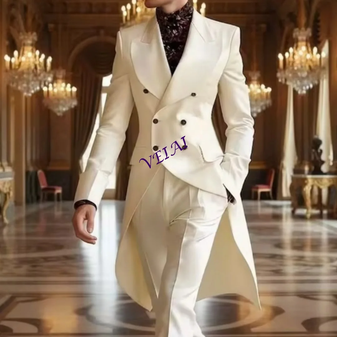 

CustomizedWhite Ivory Long Blazer Men Suit Wedding Party Formal Groom Groomsman Prom Business Male Tuxedos 3 Piece Set Jacket Ve