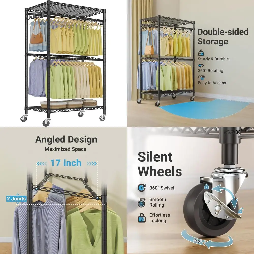 رف ملابس متحرك عالي التحمل على الوجهين مع أرفف قابلة للتعديل وقضبان تعليق، هيكل معدني لحل التخزين المتين