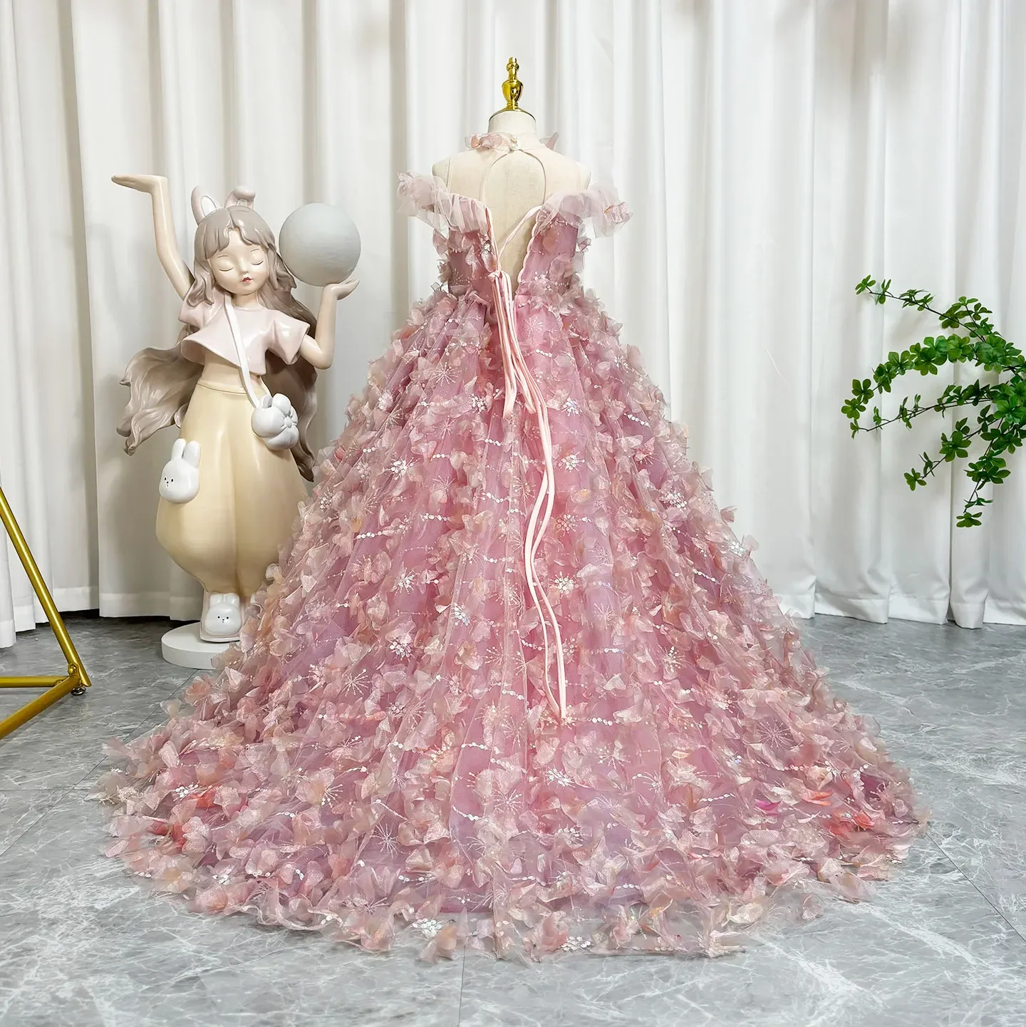 Robe de luxe rose pour filles, avec fleurs, princesse, fête d'anniversaire, de mariage, robe de sainte Communion pour enfants, 2025