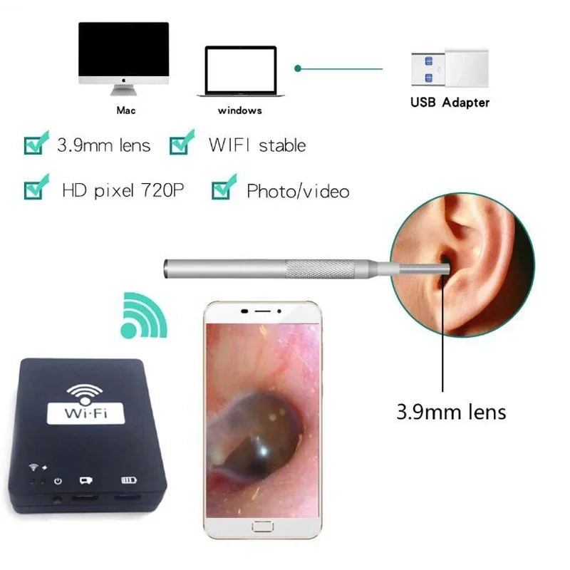 

3.9MM Waterproof USB Medical Endoscope Inspection Camera + Wireless WIFI Box for IOS Android Cell Phone PC Ear Nose Borescope