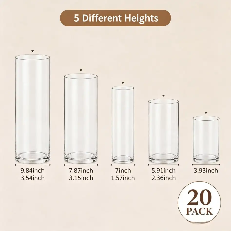TAIMASI 20 Pack Clear Glass Cylinder Vases For Wedding Centerpieces, Floating Candle Holders, Flower Arrangement Vase Set, Table Decor For Wedding Reception, Party, Home Dining, Events