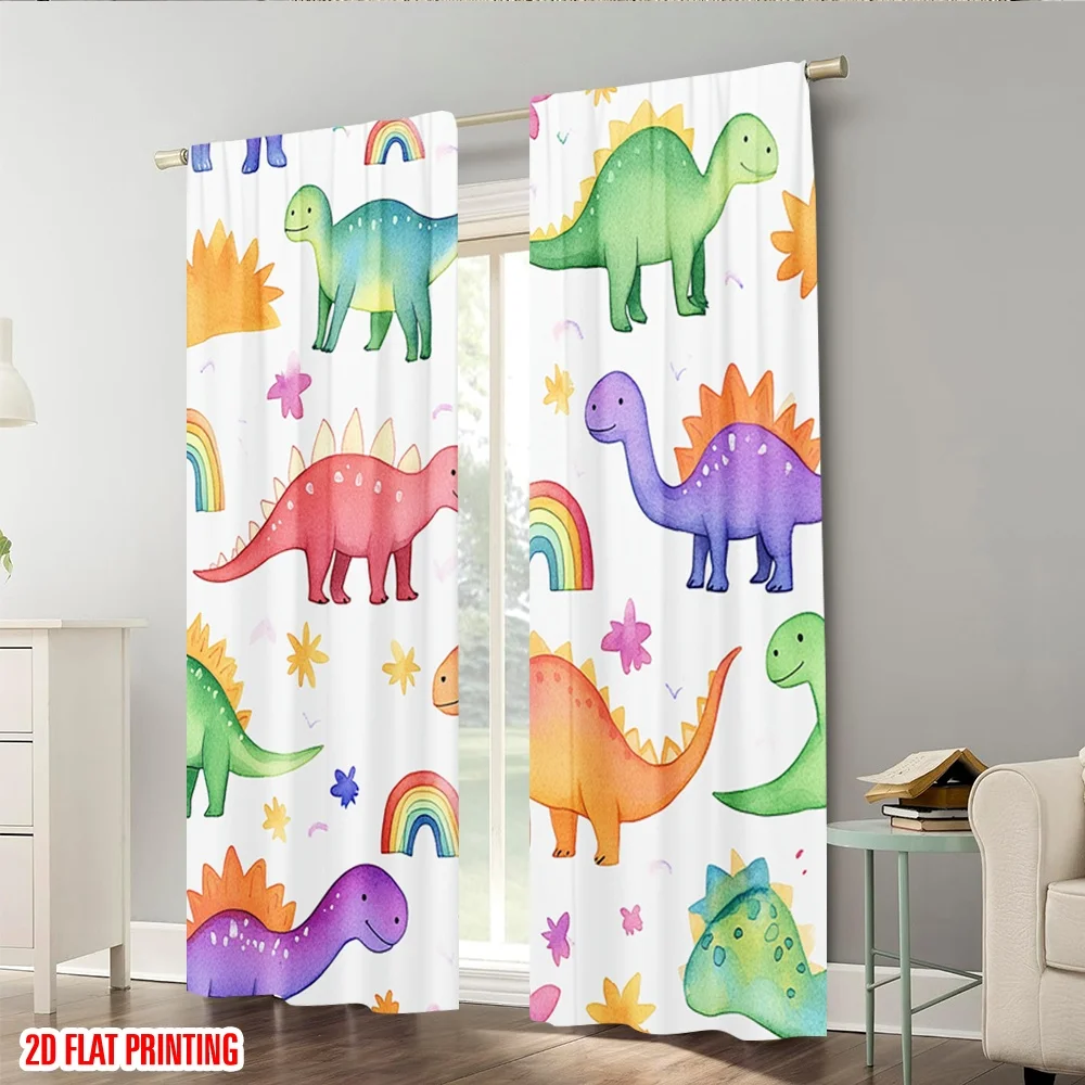 2 قطعة ، 2D طائرة الطباعة الستائر ونافذة العلاج ديناصور قوس قزح زهرة تنوعا 100% البوليستر (بدون قضيب) آرت ديكو احتفالي