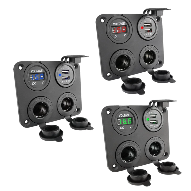 12-24V Dual USB Outlet Volt Power Outlet 4 In 1 With LED Voltage Display Lighter Socket Switch Panel For Car Boat