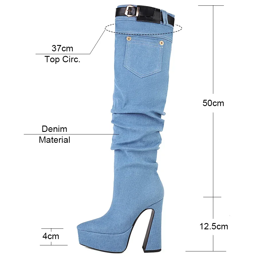 Winter Women Over Knee Boots Blue Jean Denim High Chunky Heels Pointed Toe Party Punk Lady Buckle Thigh-high Long Platform Boots