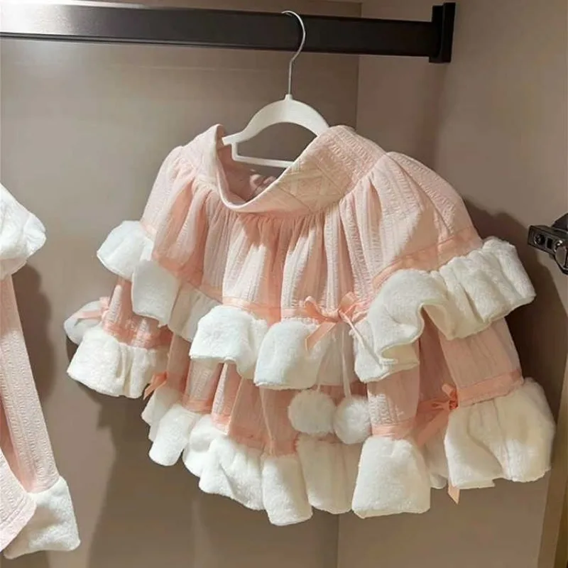 Sweet Girl with Girl with Pink Soft Girl Style One-shoulder Splicing Top Cake Skirt Two-piece Set